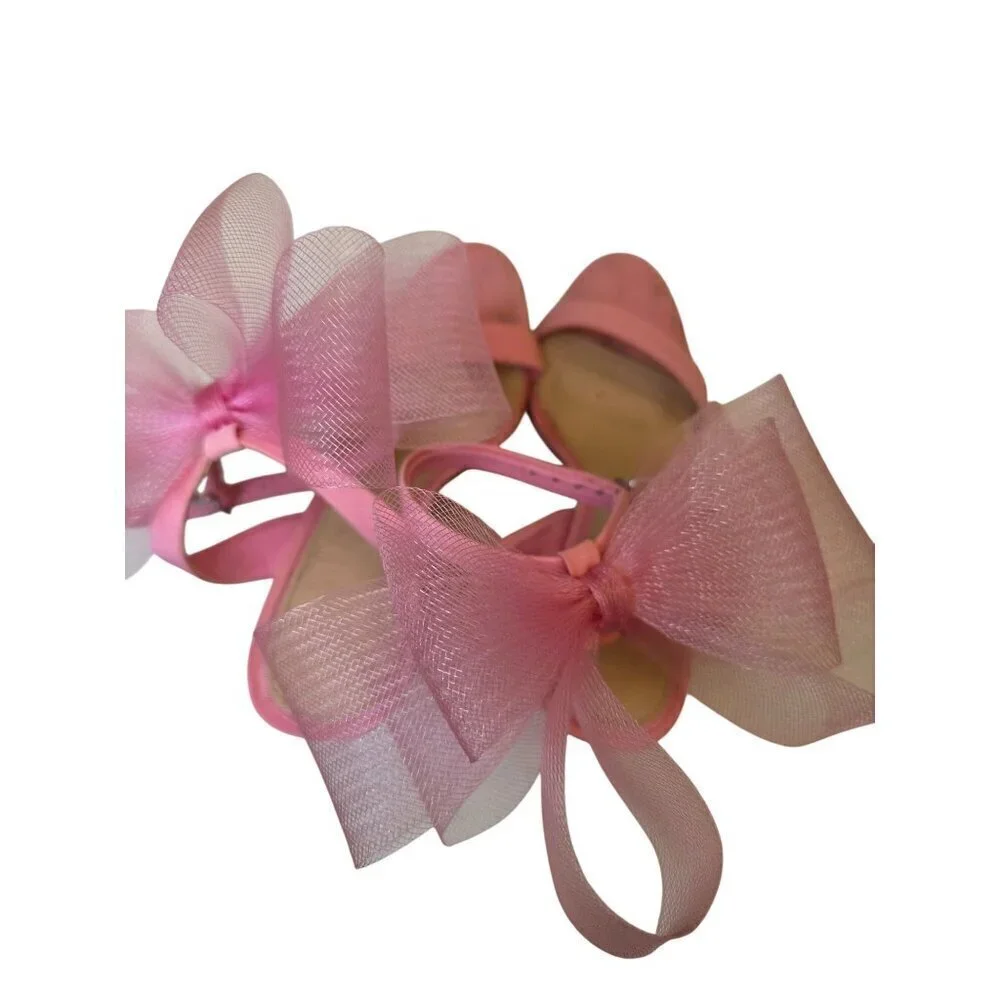 Pink Heeled Sandals With Large Tulle Bow Accent & Adjustable‎ Ankle Strap - Picture 10 of 16
